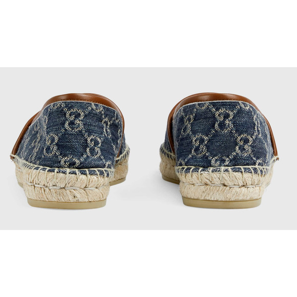 Gucci Jacquard Denim Blue Tea Brown Leather Ivory GG Logo Flat Espadrilles 36 - Picture 4 of 11